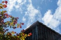 Old roof gable with blue sky and tree Royalty Free Stock Photo