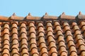 Old roof tiled with S-shaped clay tiles with decorative ridge in form of dragon\'s spine Royalty Free Stock Photo