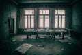 An old room with dirty furniture in an abandoned house. Lots of broken furniture. The light comes from the windows.