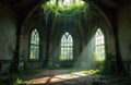 Old room interior with large windows plants and sun rays. Architectural design is an abandoned ancient building with gothic Royalty Free Stock Photo