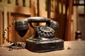 An old rotary phone on an old zinc suitcase, with a teak wood room divider background Royalty Free Stock Photo