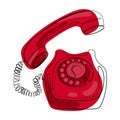 Old rotary red telephone modern drawing.Vintage wired phone handset, retro phone simple vector illustration Royalty Free Stock Photo