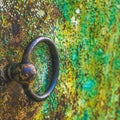 Old round iron brown door knob on the green shabby gate Royalty Free Stock Photo