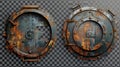 This is an old round safe door with a steel lock and rusted iron bunker gates isolated on a transparent background. This Royalty Free Stock Photo