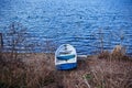 Old row boat stuck on land with grass at lake shore Royalty Free Stock Photo