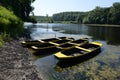 Old rowboat on river