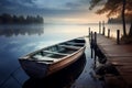 Old rowboat tied to dock at tranquil lakeside. Generative AI