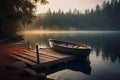 Old rowboat tied to dock at tranquil lakeside. Generative AI Royalty Free Stock Photo