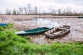 Old rowing wooden boats at lake. Beautiful nature landscape. Nature reserve. Spring day Royalty Free Stock Photo