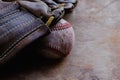 Old rugged baseball in glove for ball game sport