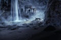 Old ruin with waterfall in fantasy scene