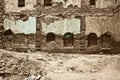 The old ruined brick apartment building closep Royalty Free Stock Photo