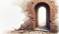 Old ruined brick wall with arched window opening and stone path. Aged brick structure with damaged texture and weathered surface. Royalty Free Stock Photo