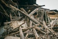 Old ruined building close up. Dismantling of house or after disaster