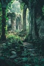 An old ruined building surrounded by lush greenery Royalty Free Stock Photo