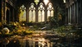 Old ruined gothic building, nature tranquil reflection, ancient spirituality generated by AI