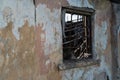 Old ruined house. Wall with a window as background and texture