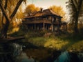 Old ruined shack in the natural environment. Abandoned house on the river bank. Autumn trees at backdrop. Generative AI Royalty Free Stock Photo