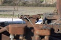 old ruined steam locomotive machanical parts close up detail