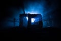 Old ruined stone house in deserted garden at night. Selective focus Royalty Free Stock Photo