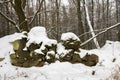 Old ruined stone wall under snow Royalty Free Stock Photo