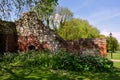 Old Ruined wall from the red brick in the park in summer, Waltham Abbey, UK