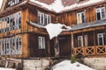 Old ruined wooden hotel in the mountains Royalty Free Stock Photo