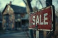 Old run down for sale sign in front of blurry residential home building Royalty Free Stock Photo