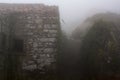 Old rural house and rocks with climbing ivy on foggy day Royalty Free Stock Photo