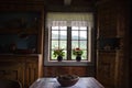 Old rural interior, timber house interior.Wooden house interior.Scandinavian style.