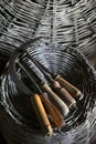 Old rural tools on a wicker basket