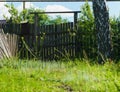 Old rural wooden gate near freshness green grass