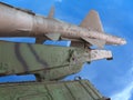 Old russian antiaircraft defense rocket launcher over blue sky