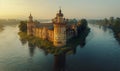 Old Russian medieval monastery situated on river or lake island at early morning mist and fog with gentle sunrise light Royalty Free Stock Photo