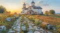Old Russian medieval monastery situated on river or lake island at early morning mist and fog with gentle sunrise light Royalty Free Stock Photo