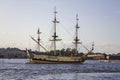 Old Russian military sailing ship Poltava at the parade in Saint Petersburg in the Neva River Royalty Free Stock Photo