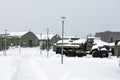 old Russian military truck at the base in the snow in winter