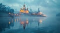 Old Russian monastery situated on river or lake island at early morning mist and fog, gentle sunrise light Royalty Free Stock Photo