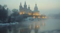 Old Russian monastery situated on river or lake island at early morning mist and fog, gentle sunrise light Royalty Free Stock Photo