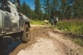 Old Russian off-road car is getting ready to move the obstacle Royalty Free Stock Photo