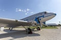 Old russian propeller airplane in an old airfield