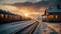 old Russian steam train passing a small station in the middle of a snowy wasteland