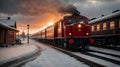 old Russian steam train passing a small station in the middle of a snowy wasteland