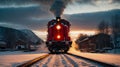 old Russian steam train passing a small station in the middle of a snowy wasteland