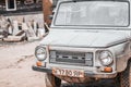 Old Russian SUV. Old rusty gray UAZ front view. Old soviet car Royalty Free Stock Photo