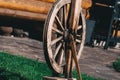 Old folk wooden vintage peasant spinning wheel