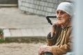 Old Russian woman selling potatoes (Kaluga region). Royalty Free Stock Photo