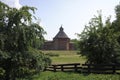 Old Russian wooden fortress among rural landscape in Kolomenskoye district of Moscow, Russia. Royalty Free Stock Photo