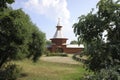 Old Russian wooden fortress among rural landscape in Kolomenskoye district of Moscow, Russia. Royalty Free Stock Photo