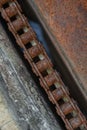 Old rust bicycle chain, top view, close-up